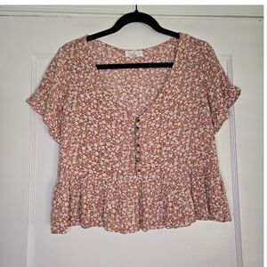 Ivy + Main Floral Ruffle Blouse Women's M Orange & White Button Front